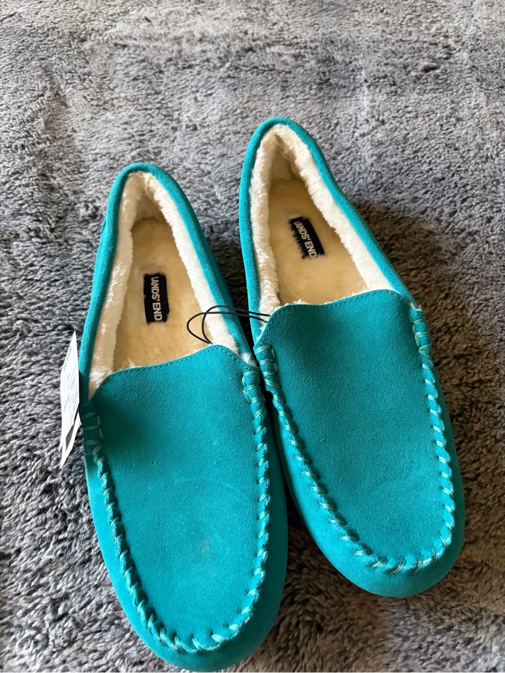 Lands' End Teal Suede Women's Moccasin Slippers with Cream Lining